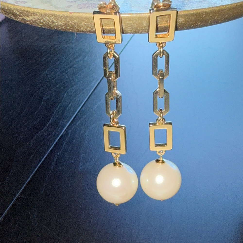 Gold Toned Link Chain Earrings w/ White Faux Pearl